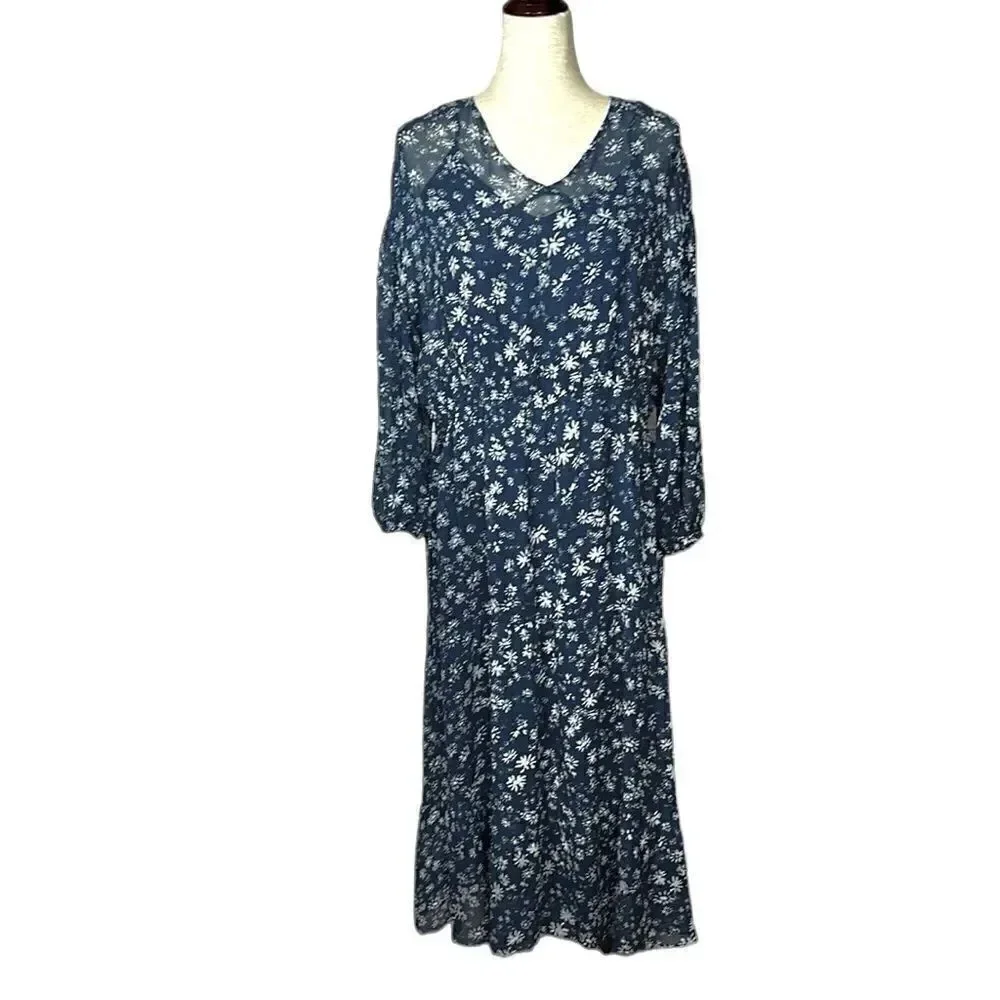 Free People Wallflower Midi Chiffon Dress Navy/White Flared Semi Sheer size S